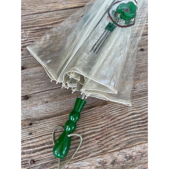 Vintage 1960s Clear Vinyl Bubble Umbrella Green Flowers & Handle - Picture 7 of 16